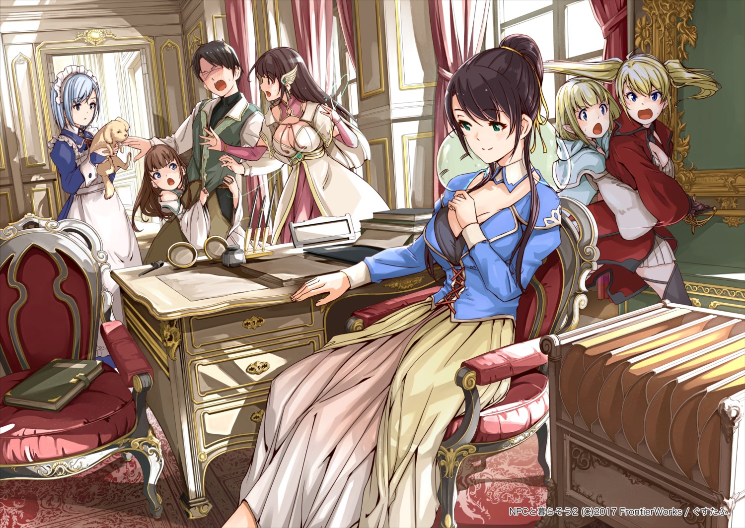 cleavage, dress, gustav, maid, npc_to_kurasou, pointy_ears, thighhighs