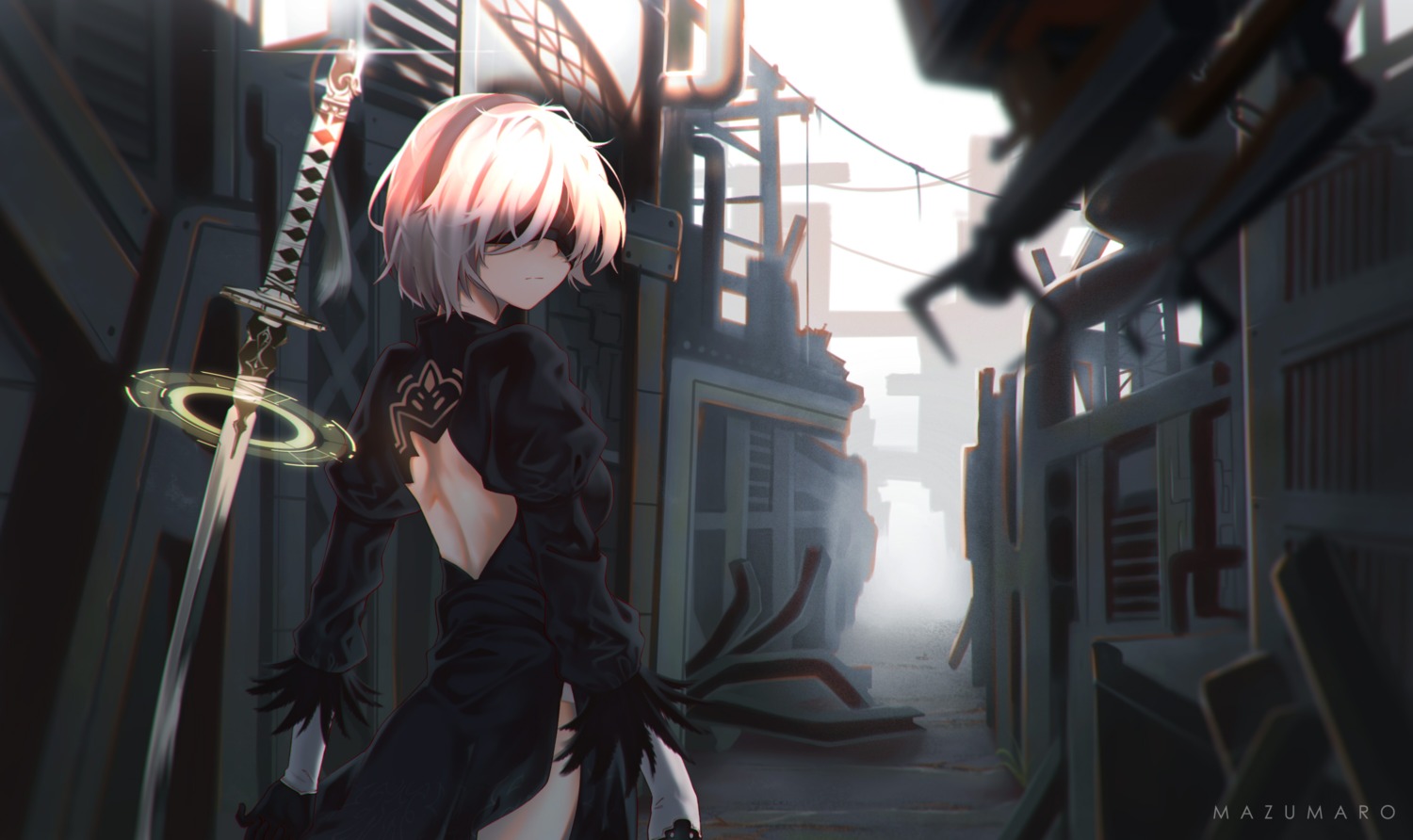 dress, mazumaro, nier, nier_automata, pantsu, sword, yorha_no.2_type_b