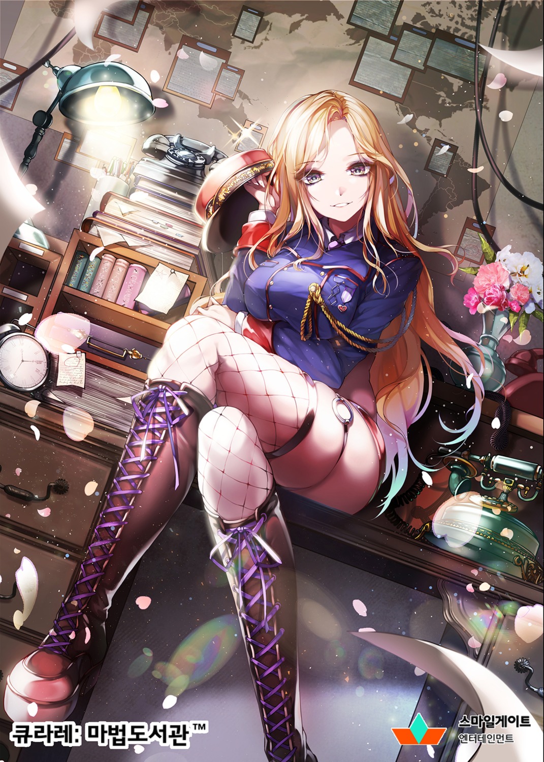 fishnets, kanola_u, qurare:_magic_library, thighhighs, uniform
