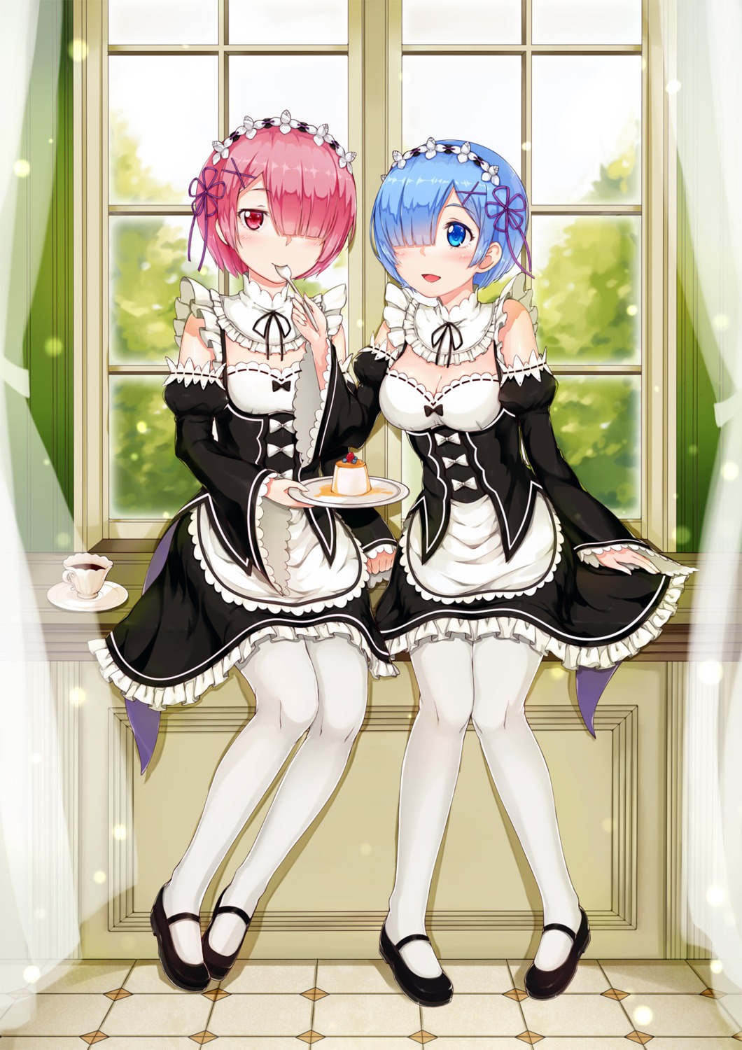 cleavage, e_neko, maid, ram_(re_zero), re:zero_kara_hajimeru_isekai_seikatsu, rem_(re_zero)
