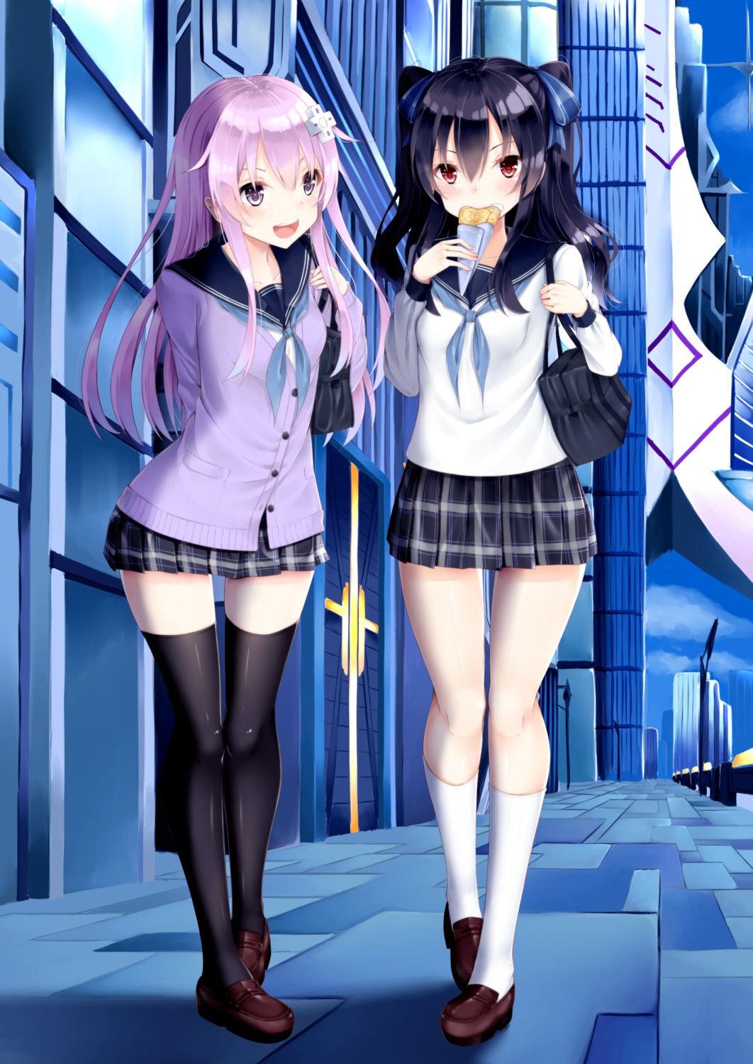 choujigen_game_neptune, nepgear, seifuku, shikapiro, sweater, thighhighs, uni_(choujigen_game_neptune)