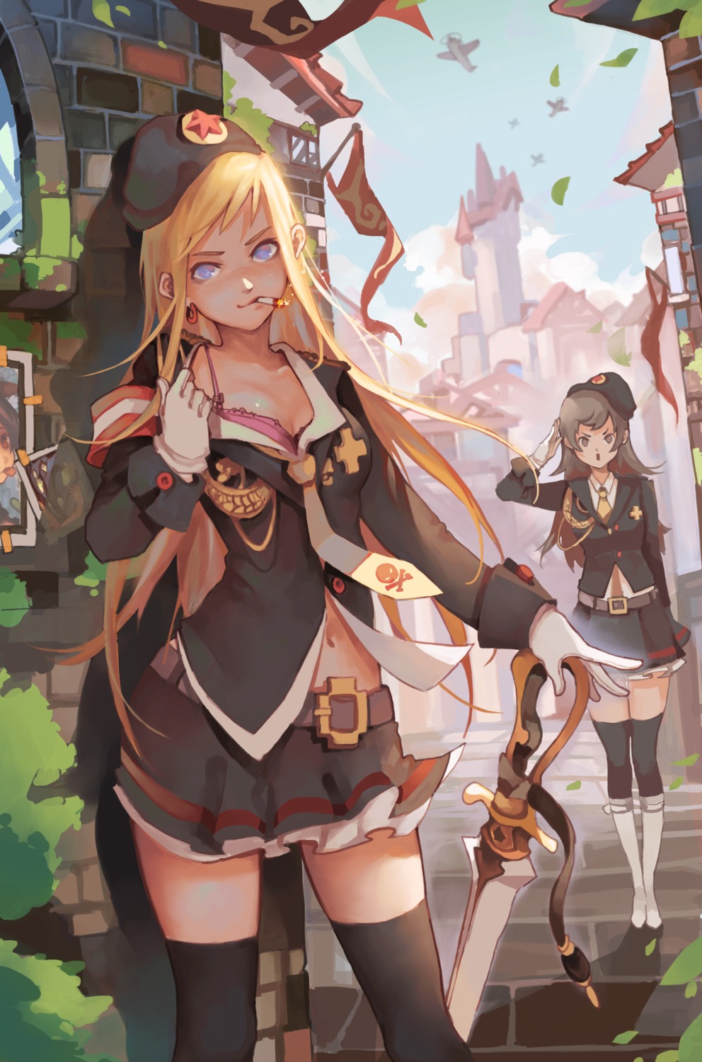 bra, cleavage, cotton_tan, open_shirt, smoking, sword, thighhighs, undressing, uniform
