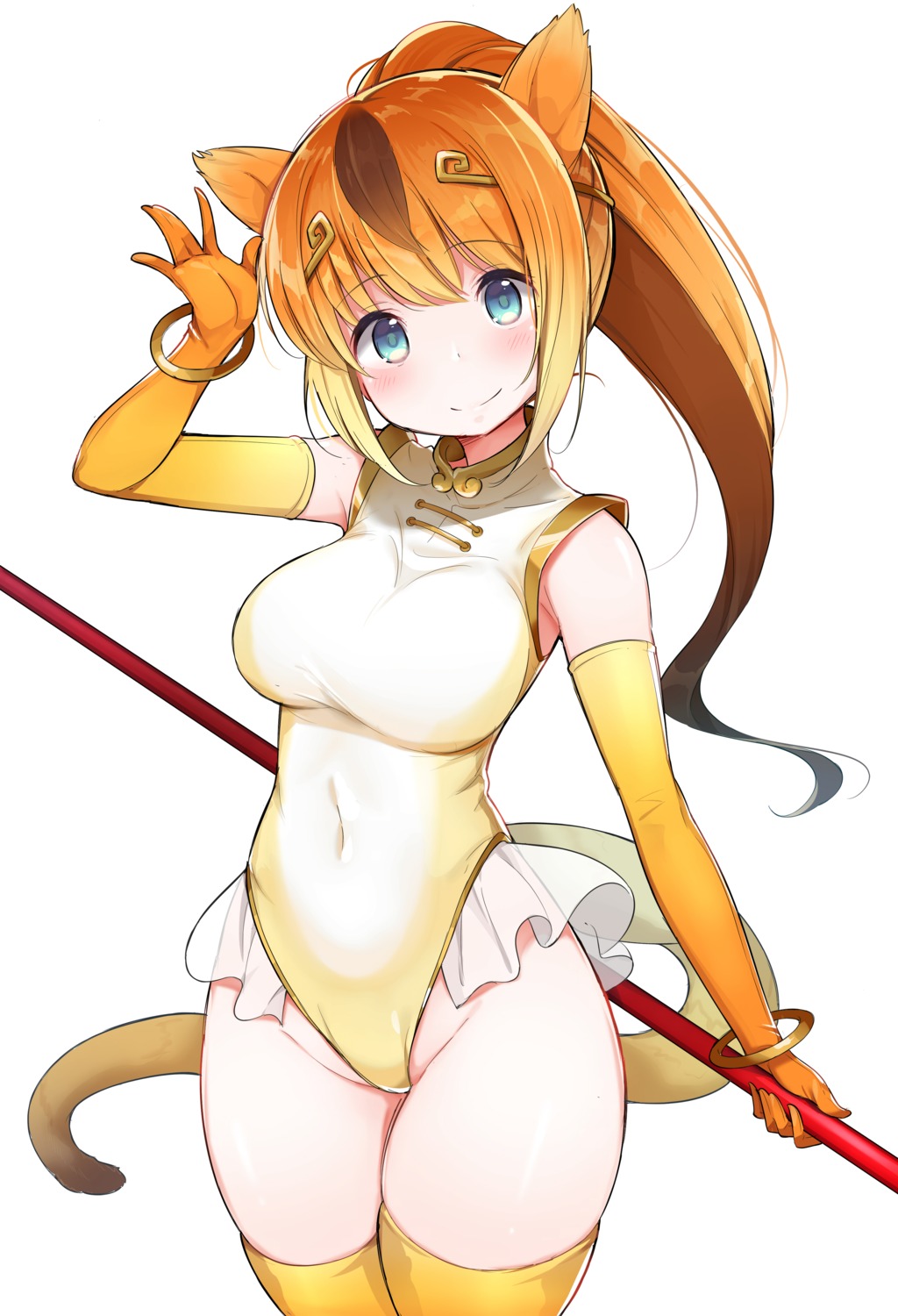 animal_ears, golden_snub-nosed_monkey, ichi-jirushi, kemono_friends, leotard, see_through, tail, thighhighs, weapon