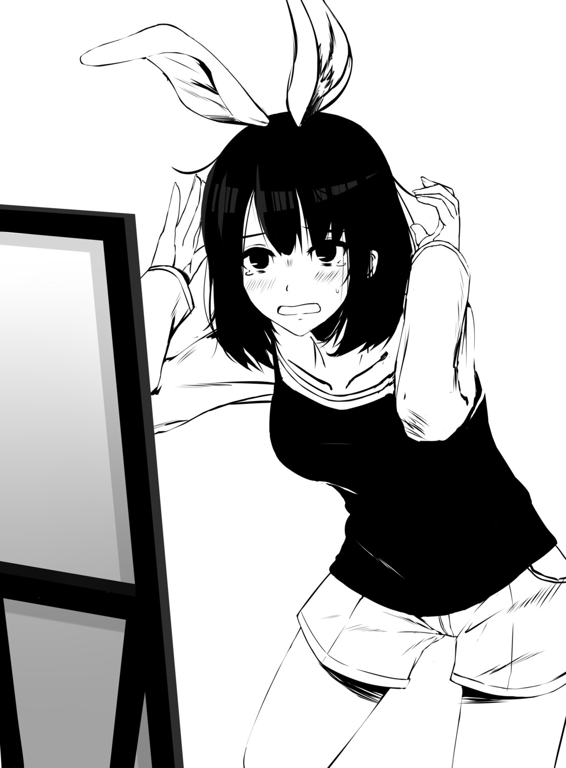 animal_ears, bunny_ears, ml_ruru, monochrome