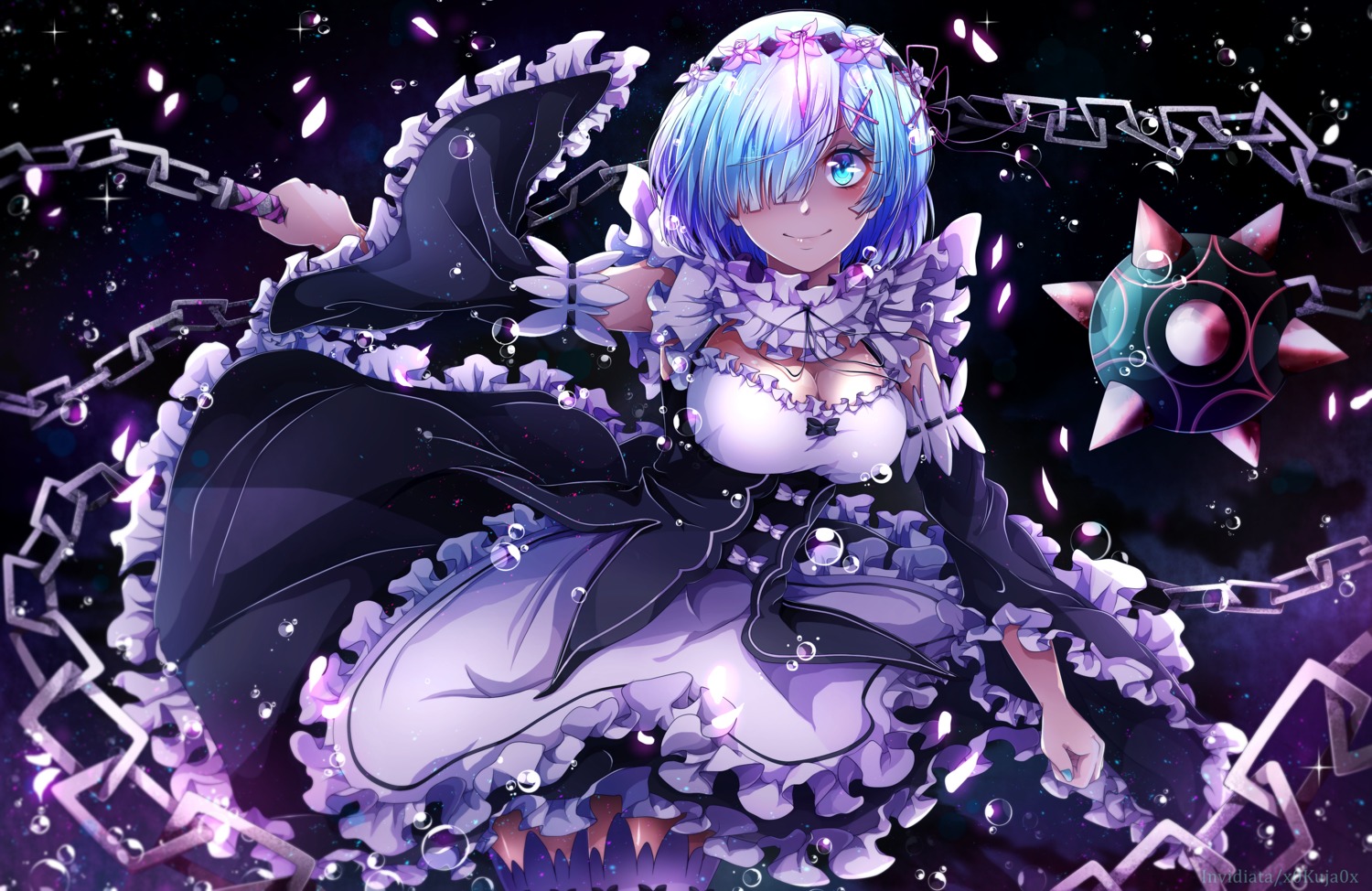 cleavage, invidiata, maid, re:zero_kara_hajimeru_isekai_seikatsu, rem_(re_zero), thighhighs, weapon