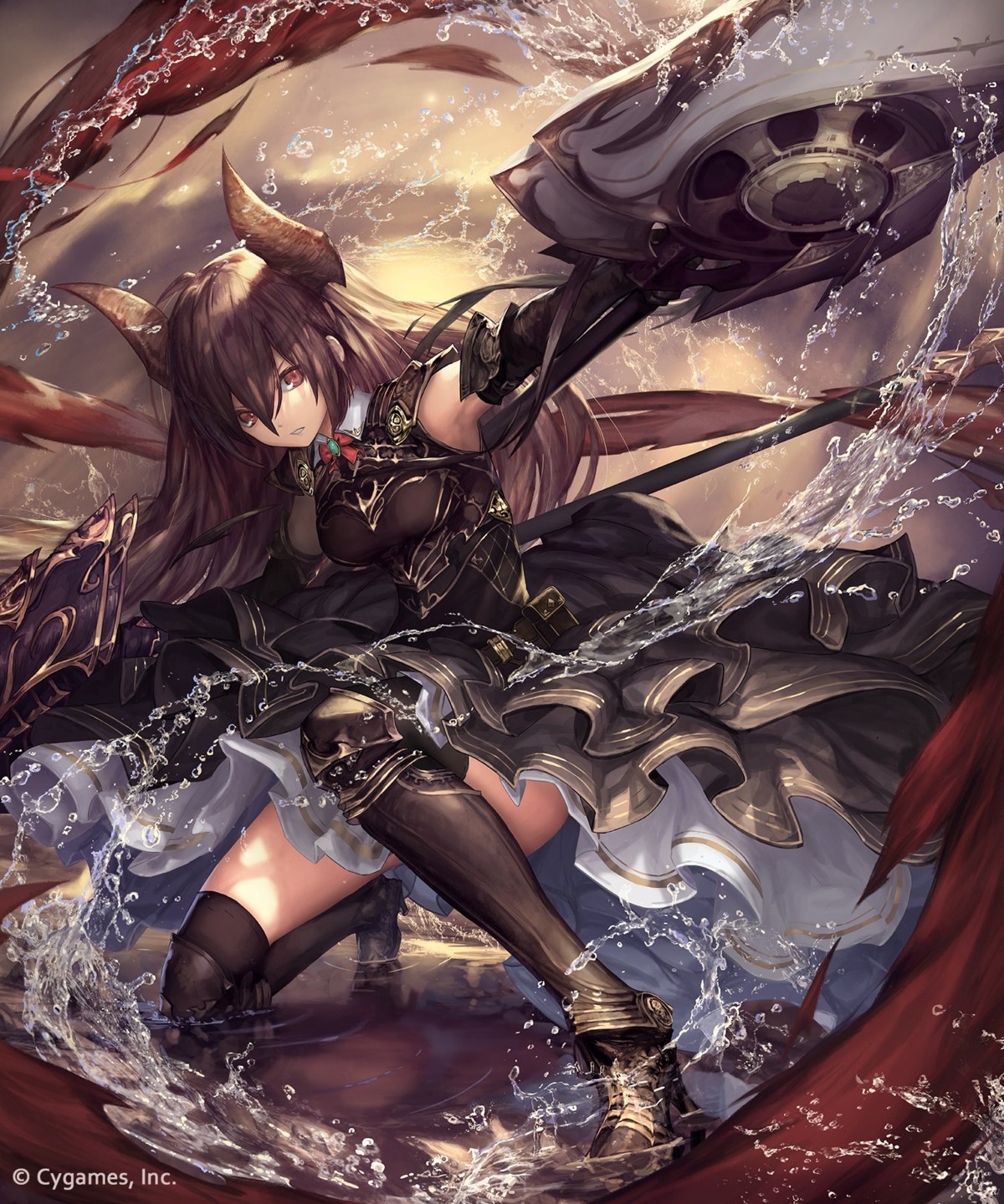 armor, forte_(shingeki_no_bahamut), heels, horns, shingeki_no_bahamut, tachikawa_mushimaro, thighhighs, weapon