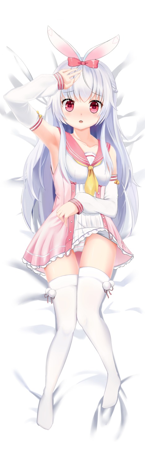 animal_ears, bunny_ears, dakimakura, dress, momona_(mimikko), pantsu, shimapan, skirt_lift