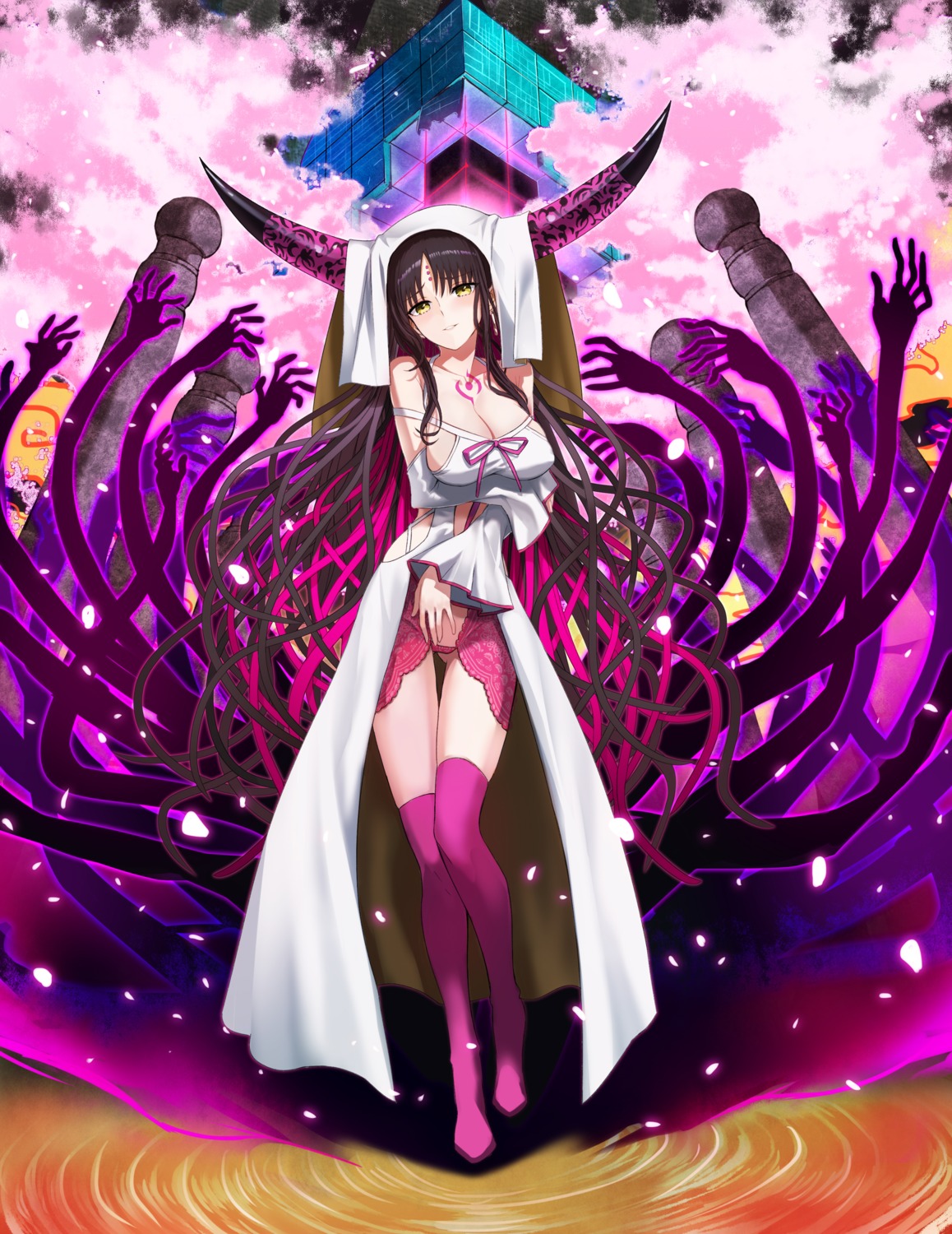 breast_hold, cleavage, fate/extra, fate/extra_ccc, fate/stay_night, horns, kiryuutyki, sessyoin_kiara, tattoo, thighhighs