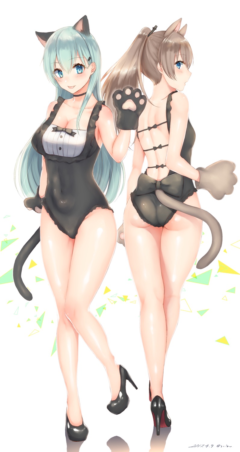 animal_ears, ass, cleavage, heels, kantai_collection, kumano_(kancolle), nekomimi, sakiryo_kanna, suzuya_(kancolle), swimsuits, tail