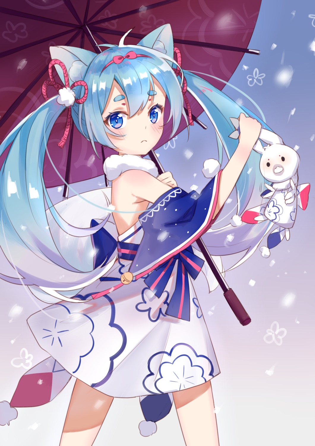 animal_ears, hatsune_miku, japanese_clothes, umbrella, vocaloid, yuhuan, yuki_miku