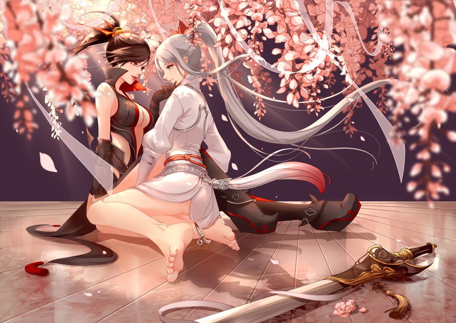 cleavage, clouble, feet, heels, no_bra, sword, tianxia, yuri