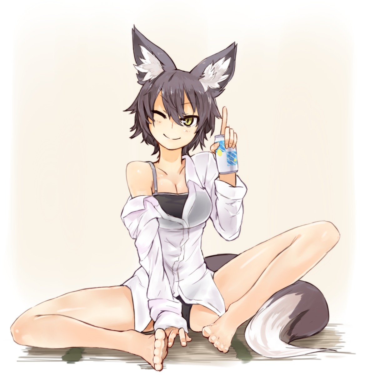 animal_ears, bra, cleavage, dress_shirt, feet, nanashi_(shirogane_usagi), open_shirt, pantsu