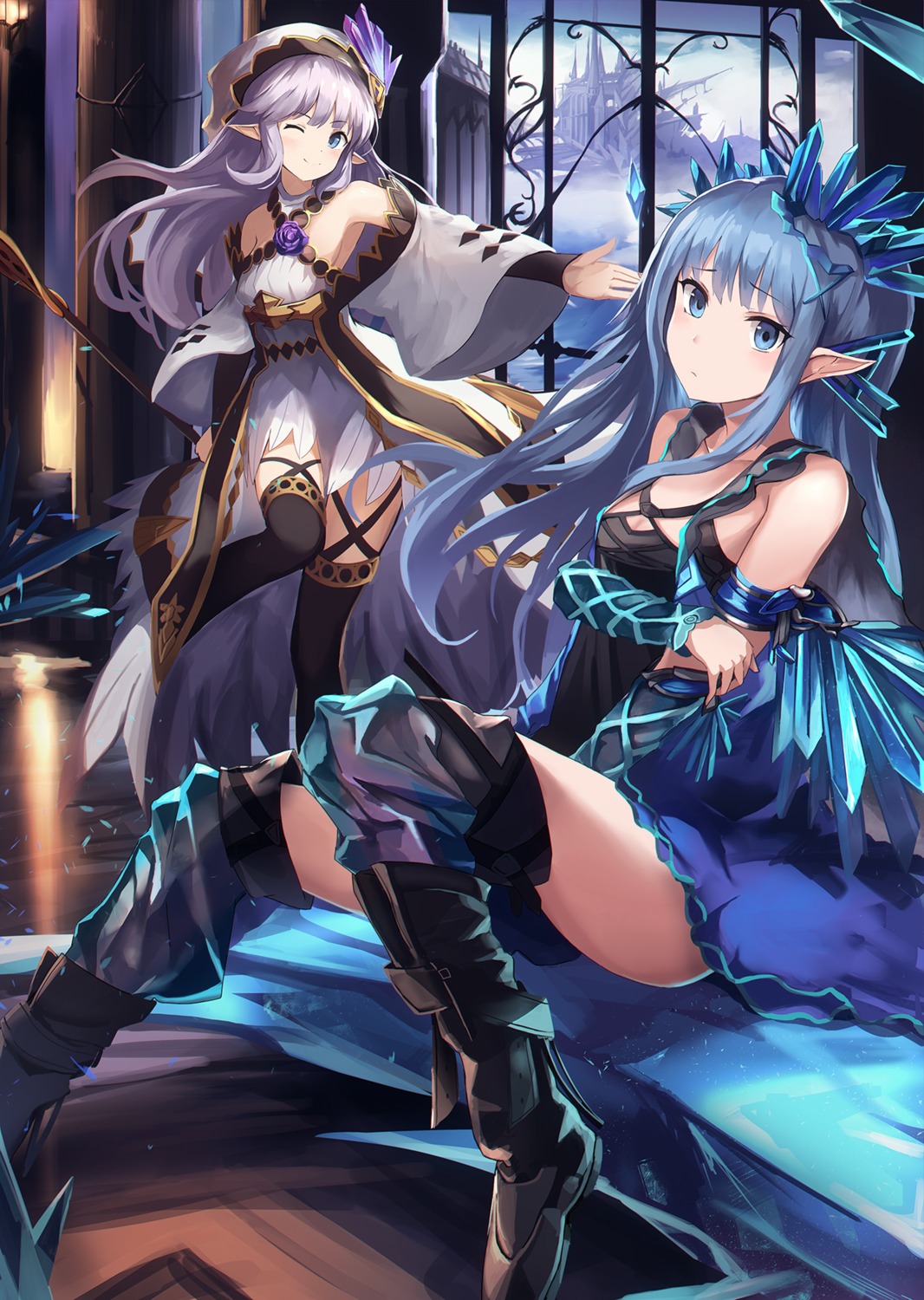 dress, erin_(granblue_fantasy), eruthika, granblue_fantasy, lily_(granblue_fantasy), pointy_ears, thighhighs, weapon