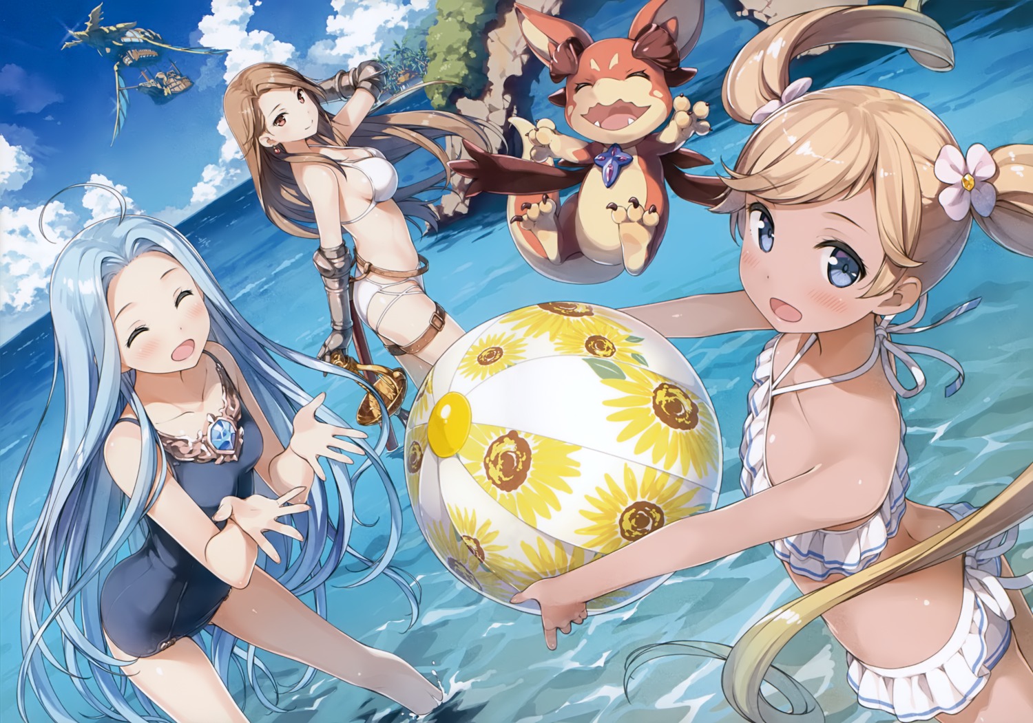 5_nenme_no_houkago, armor, bikini, cleavage, granblue_fantasy, io_(granblue_fantasy), kantoku, katalina, lyria_(granblue_fantasy), school_swimsuit, swimsuits, wet