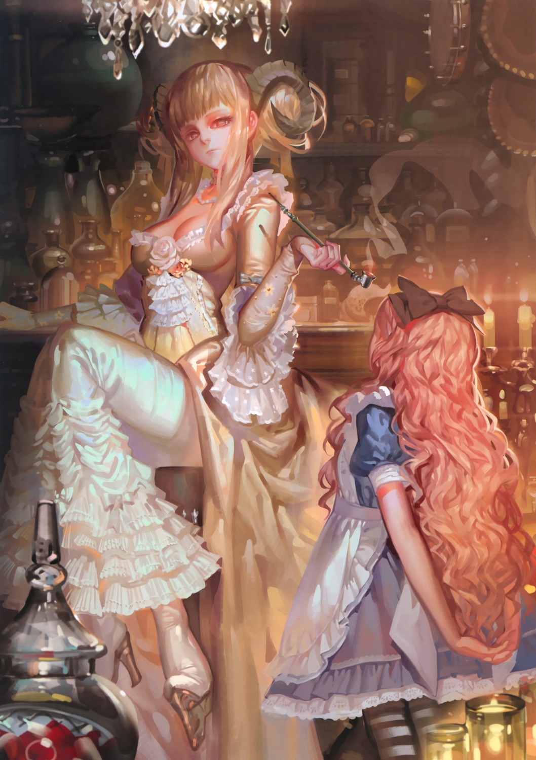 alphonse, cleavage, dress, heels, horns, smoking, white_datura