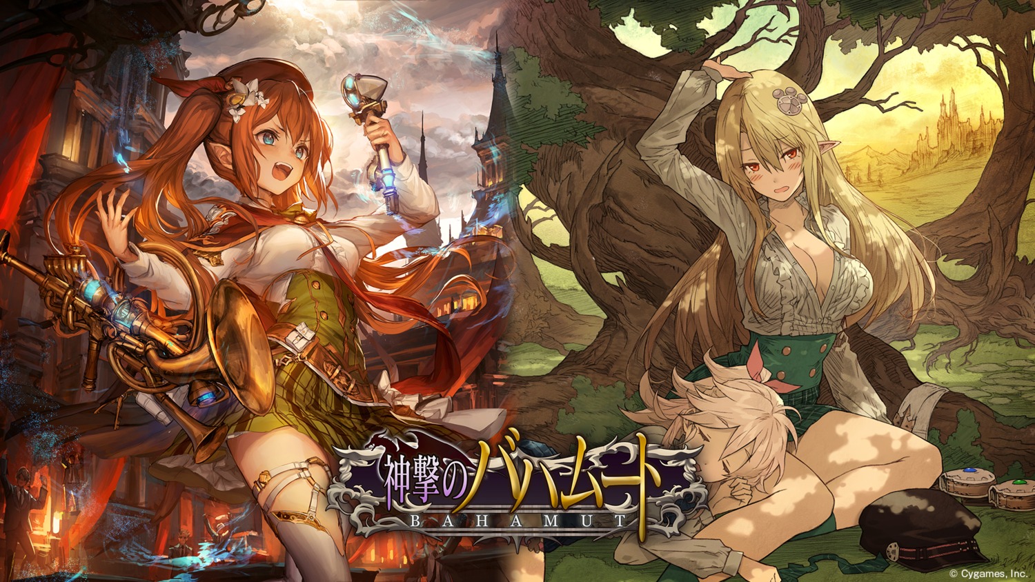 cleavage, elf, ezusuke, hanna_(shingeki_no_bahamut), lm7, no_bra, open_shirt, pointy_ears, shingeki_no_bahamut, thighhighs, wallpaper