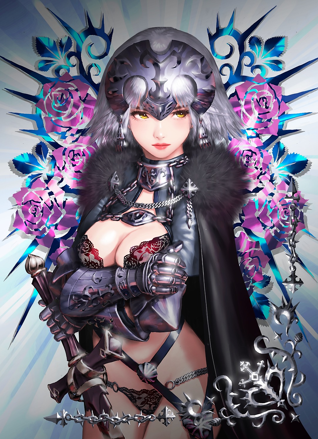 armor, bra, breast_hold, cleavage, fate/grand_order, jeanne_d'arc, jeanne_d'arc_alter_(fate), maeko_(pixiv17012595), open_shirt, pantsu, sword
