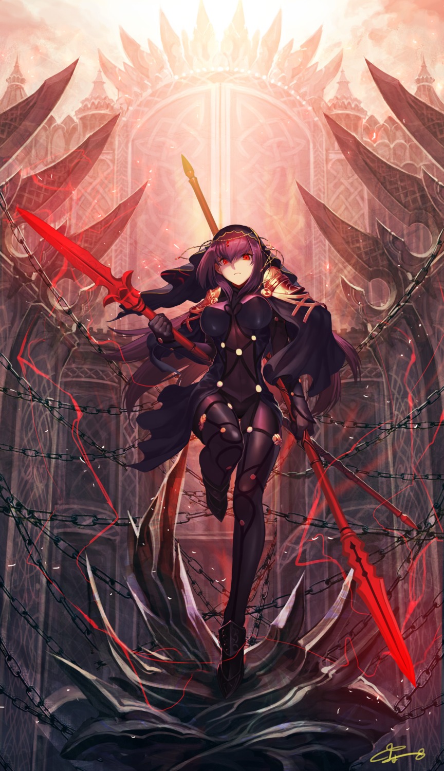 armor, bodysuit, fate/grand_order, nakamura_eight, scathach_(fate), thighhighs, weapon