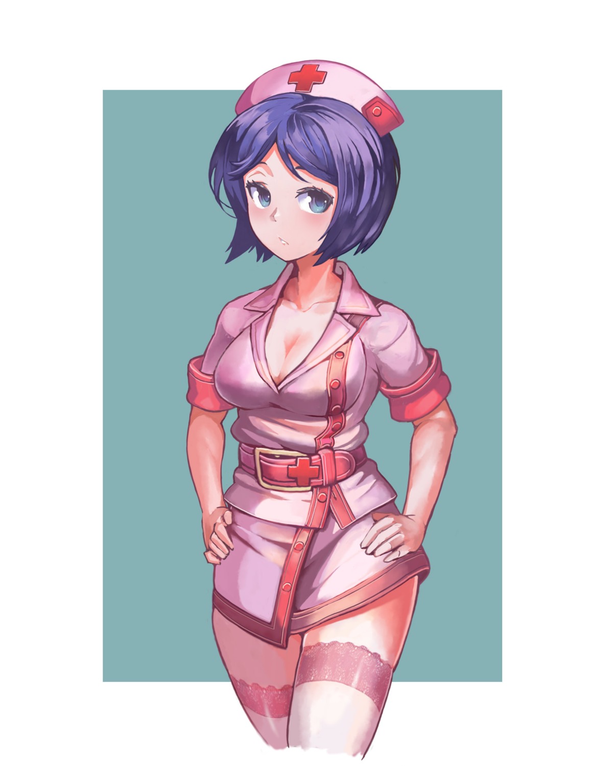 cleavage, kousaku, nurse, thighhighs