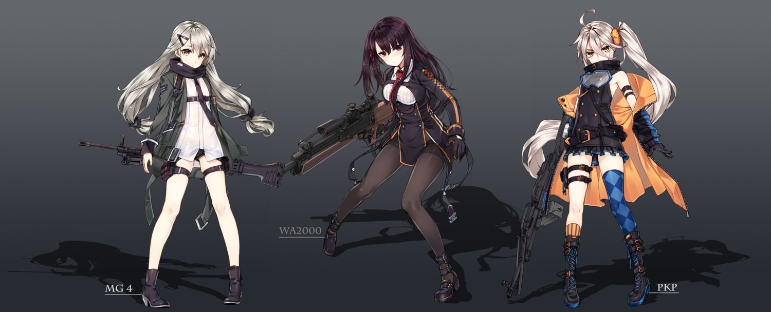 girls_frontline, gun, heels, kuronell, mg4_(girls_frontline), pantyhose, pkp_(girls_frontline), thighhighs, uniform, wa2000_(girls_frontline)