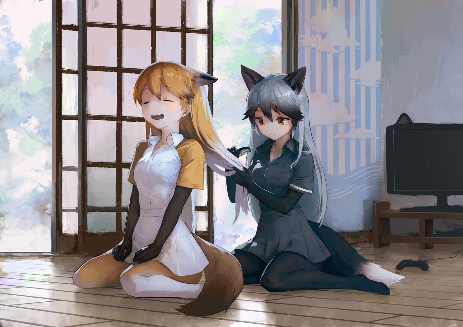 animal_ears, ezo_red_fox, kemono_friends, pantyhose, silver_fox, tail, treeware