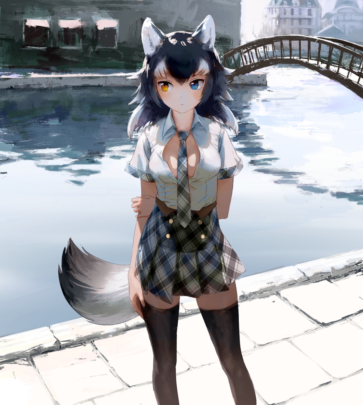 animal_ears, cleavage, grey_wolf, heterochromia, kemono_friends, no_bra, open_shirt, tail, thighhighs, treeware