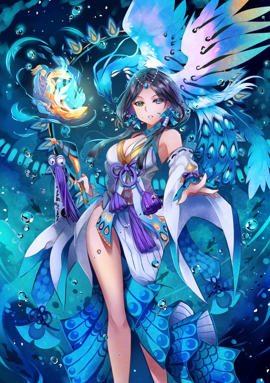 cleavage, heterochromia, onmyouji, usagihime, weapon, yaobikuni_(onmyouji)