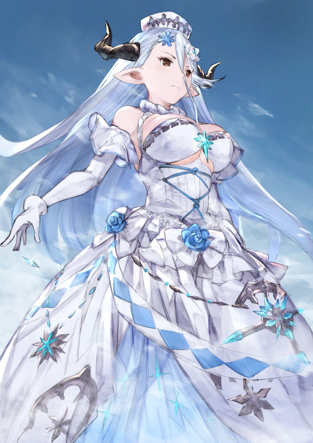 cleavage, dress, granblue_fantasy, horns, izmir_(granblue_fantasy), pointy_ears, underboob, yashigaras