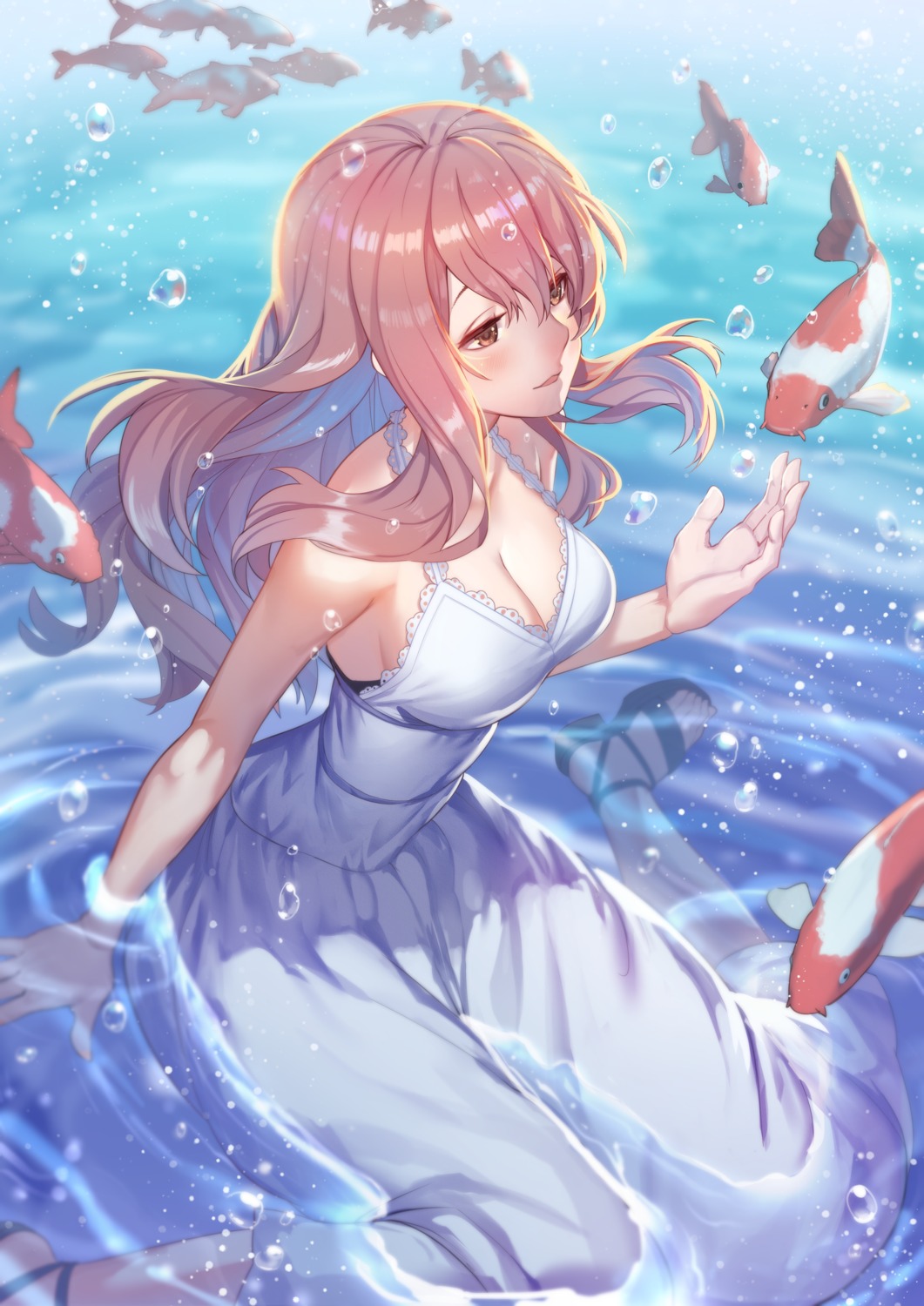 bra, cleavage, dress, heels, koe_no_katachi, nishimiya_shouko, raijuu_(bakanara), summer_dress, wet