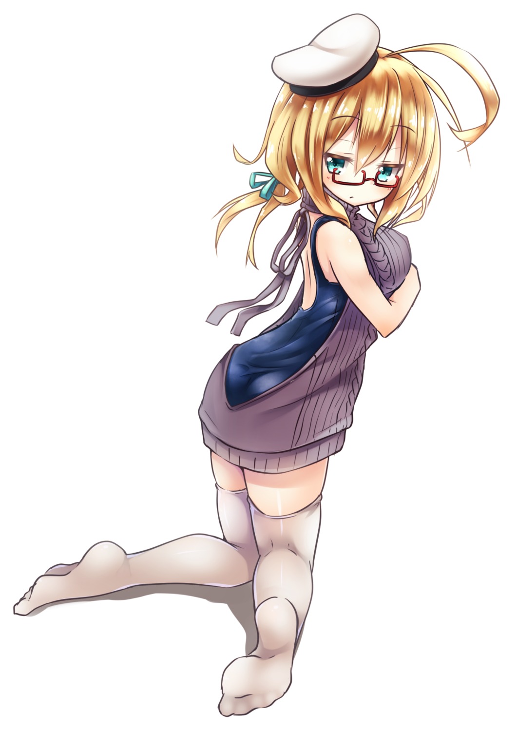 ass, breast_hold, feet, i-8_(kancolle), kantai_collection, megane, school_swimsuit, sweater