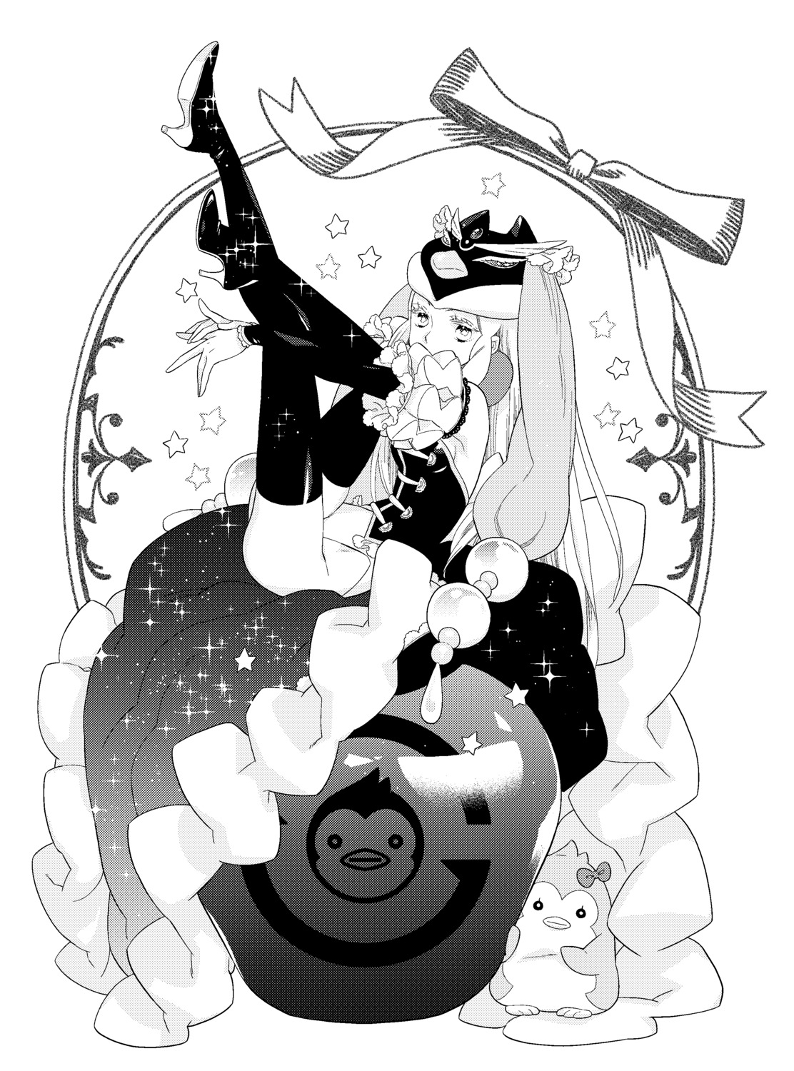 heels, hoshino_lily, leotard, mawaru_penguindrum, monochrome, takakura_himari, thighhighs