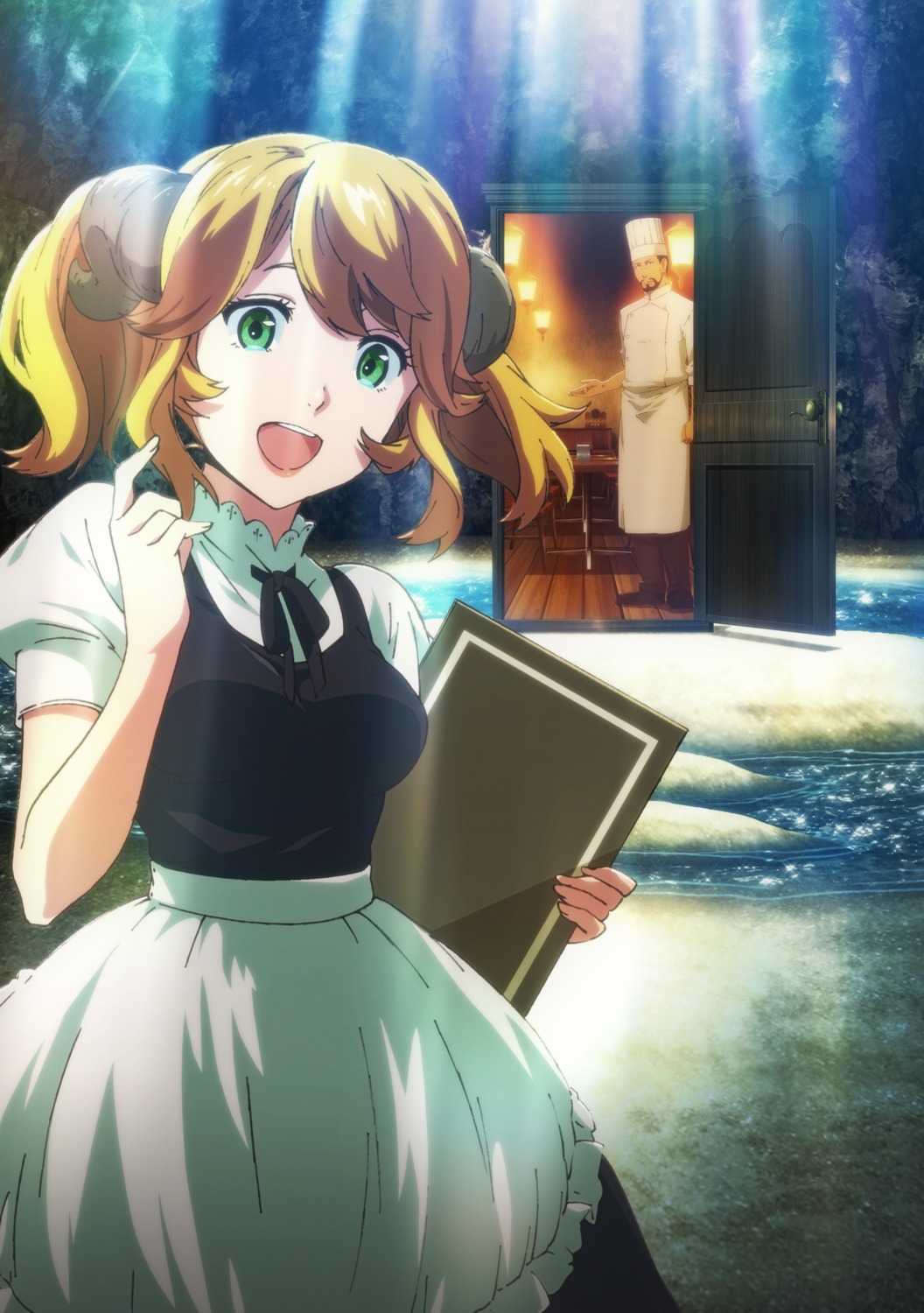 aletta_(isekai_shokudou), horns, isekai_shokudou, tenshu_(isekai_shokudou), waitress