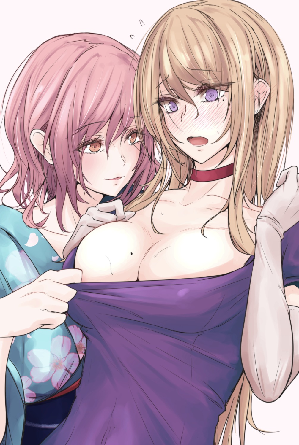 akiyama_cz4a, cleavage, dress, no_bra, saigyouji_yuyuko, touhou, undressing, yakumo_yukari, yuri