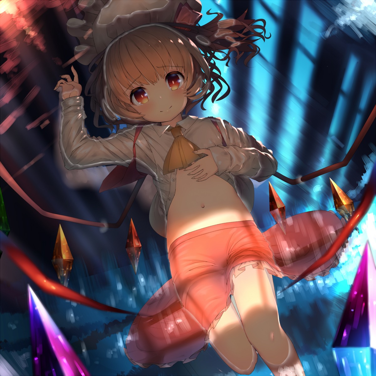 adukikumanoi, flandre_scarlet, open_shirt, touhou, wet, wet_clothes, wings