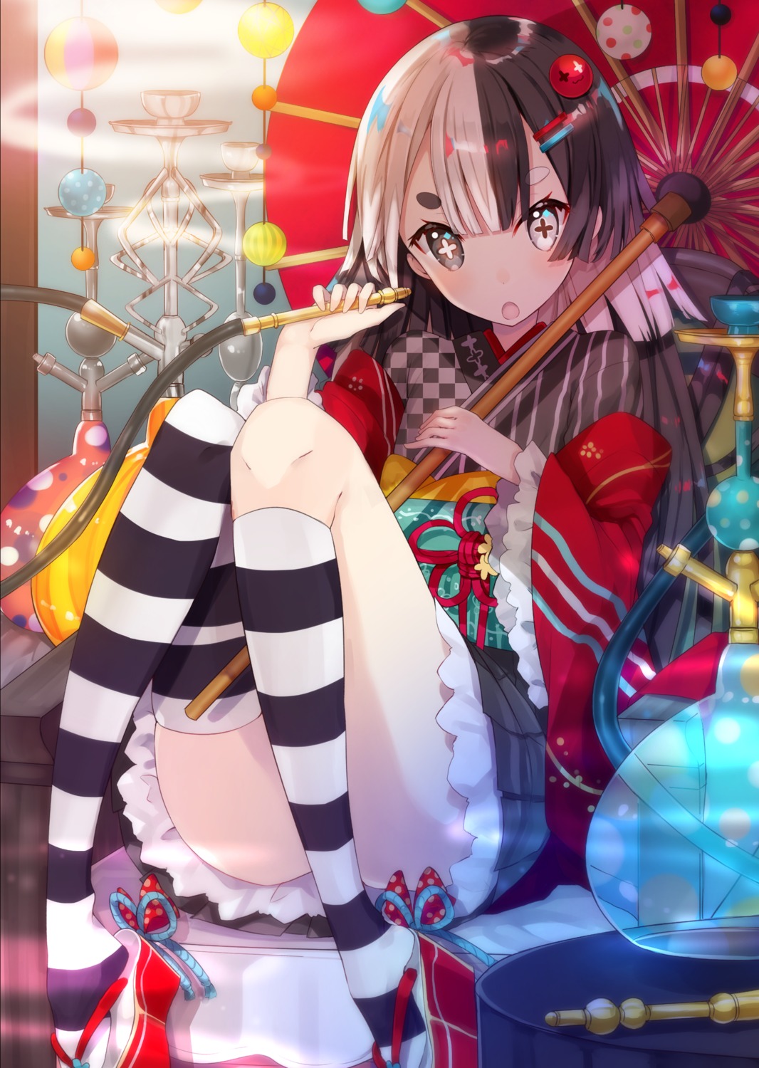 heterochromia, japanese_clothes, sakofu, thighhighs, umbrella
