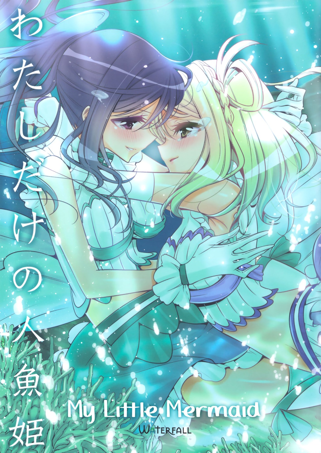 love_live!_(series), love_live!_sunshine!!, matsuura_kanan, ohara_mari, takano_saku, waterfall, yuri