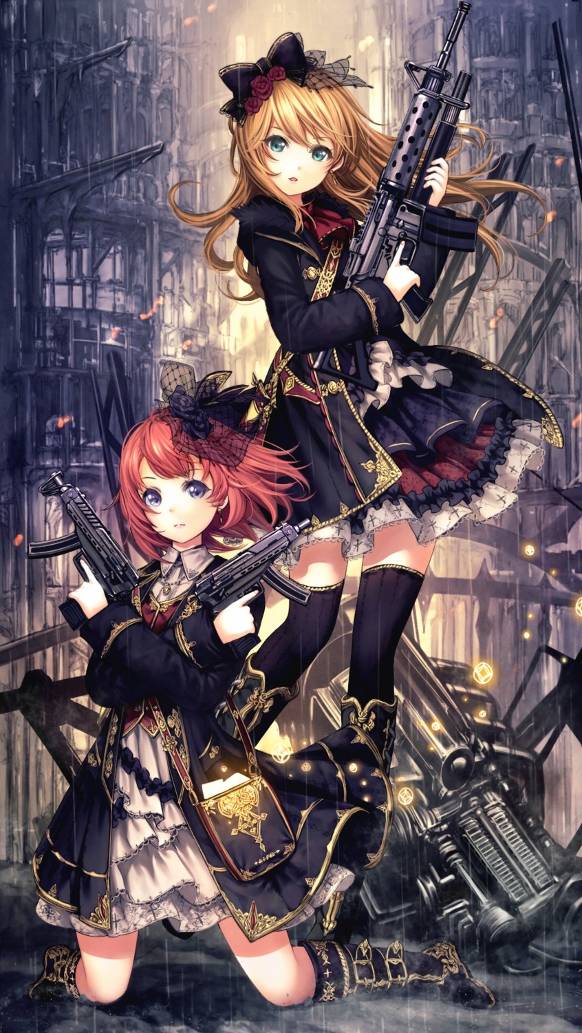 catbell, gun, thighhighs, uniform