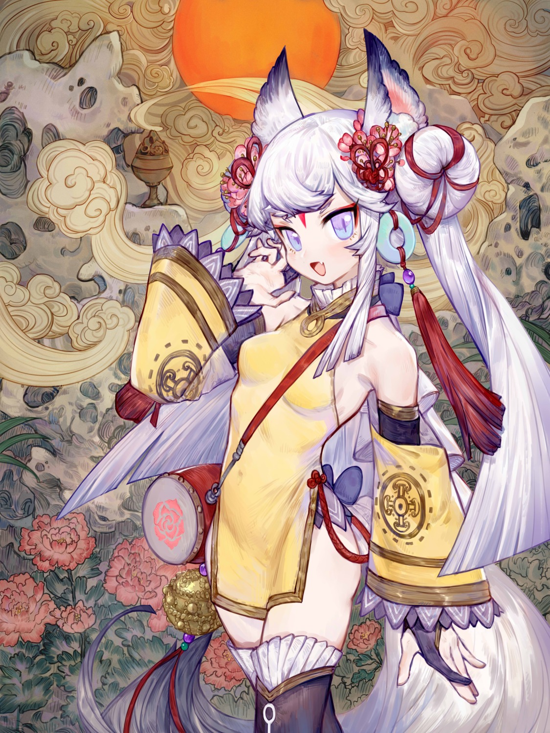 animal_ears, asian_clothes, rosette_(yankaixuan), tail, thighhighs