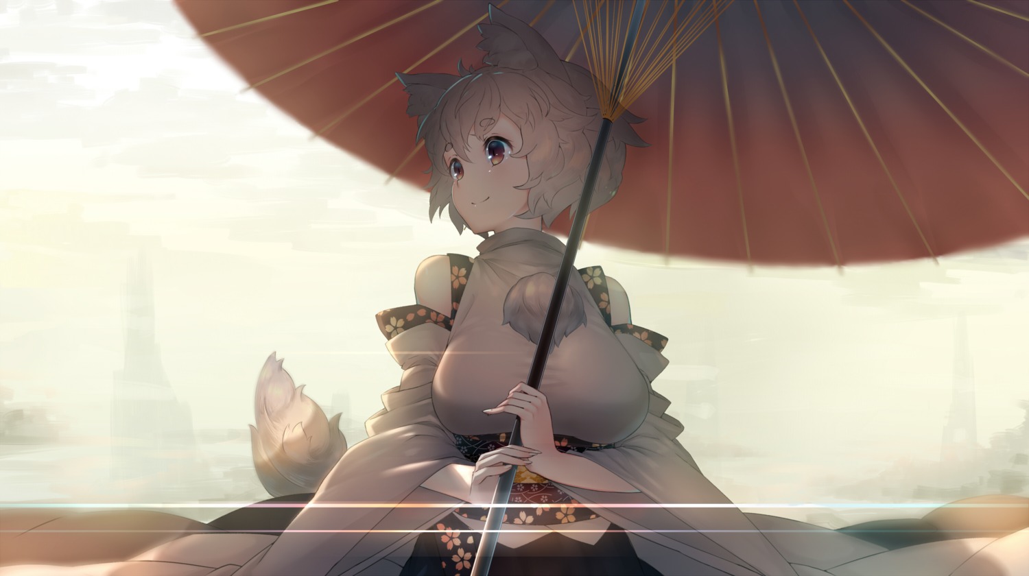 adukikumanoi, animal_ears, inubashiri_momiji, japanese_clothes, tail, touhou, umbrella