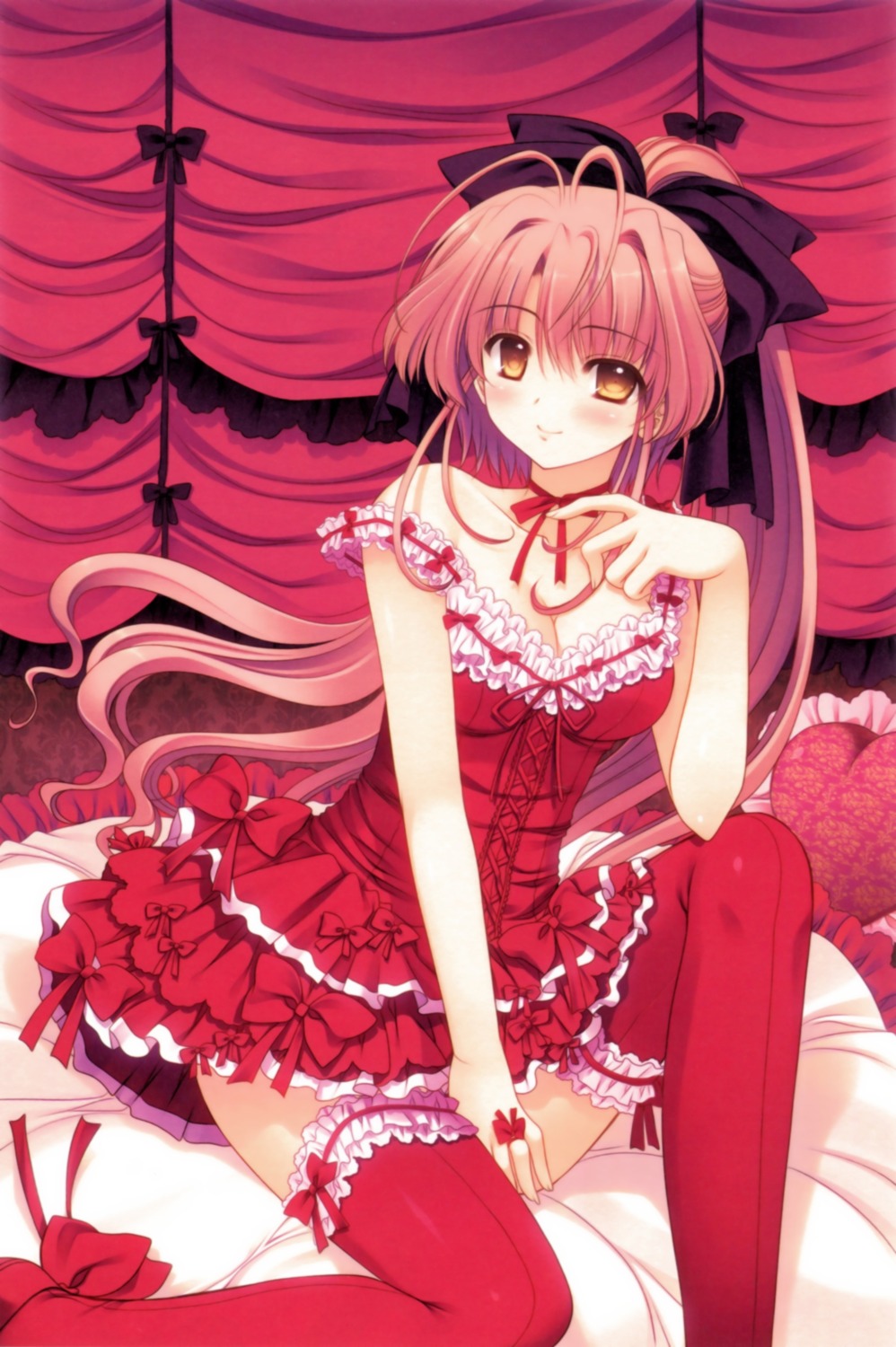 cleavage, dress, navel, nishimata_aoi, no_bra, skirt_lift, thighhighs, tsuki_ni_yorisou_otome_no_sahou
