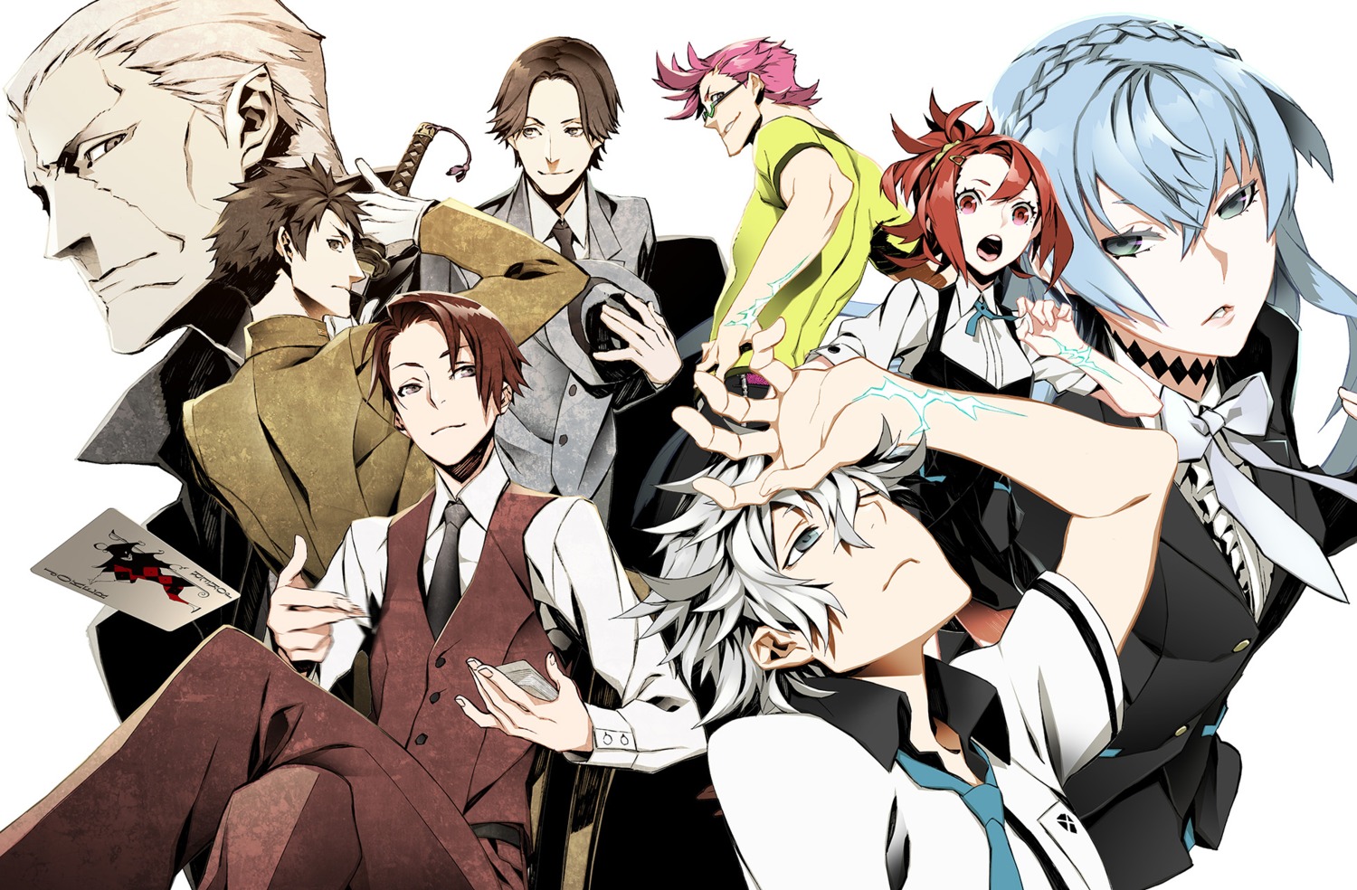 agata_katsuhira, amari, business_suit, crossover, hajime_tenga, joker_game, kiznaiver, megane, miwa_shirow, miyoshi_(joker_game), seifuku, sozozaki_noriko, sword, takashiro_chidori