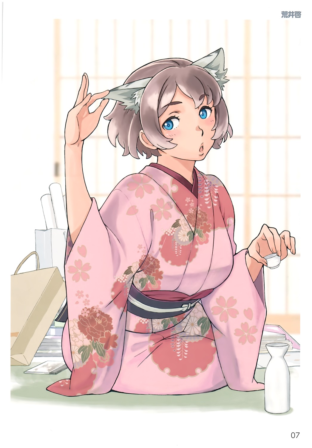 animal_ears, arai_kei, kimono, sake, toranoana