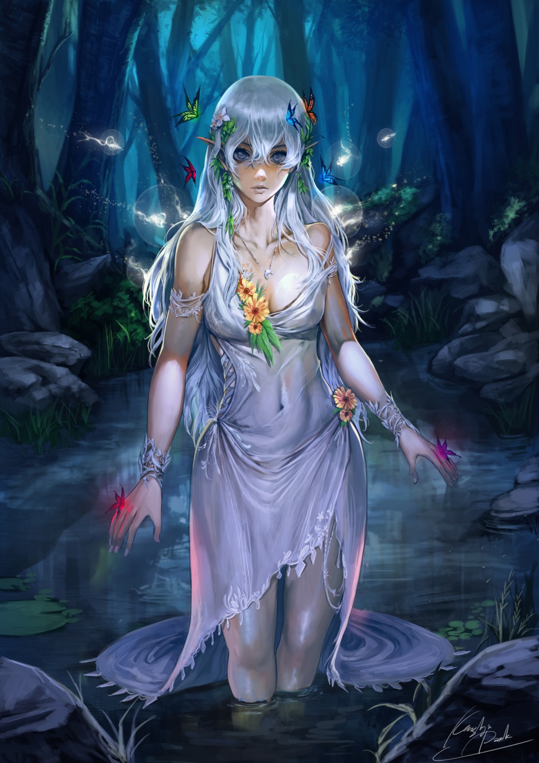 cleavage, dress, elf, ken_(artist), pointy_ears, wet