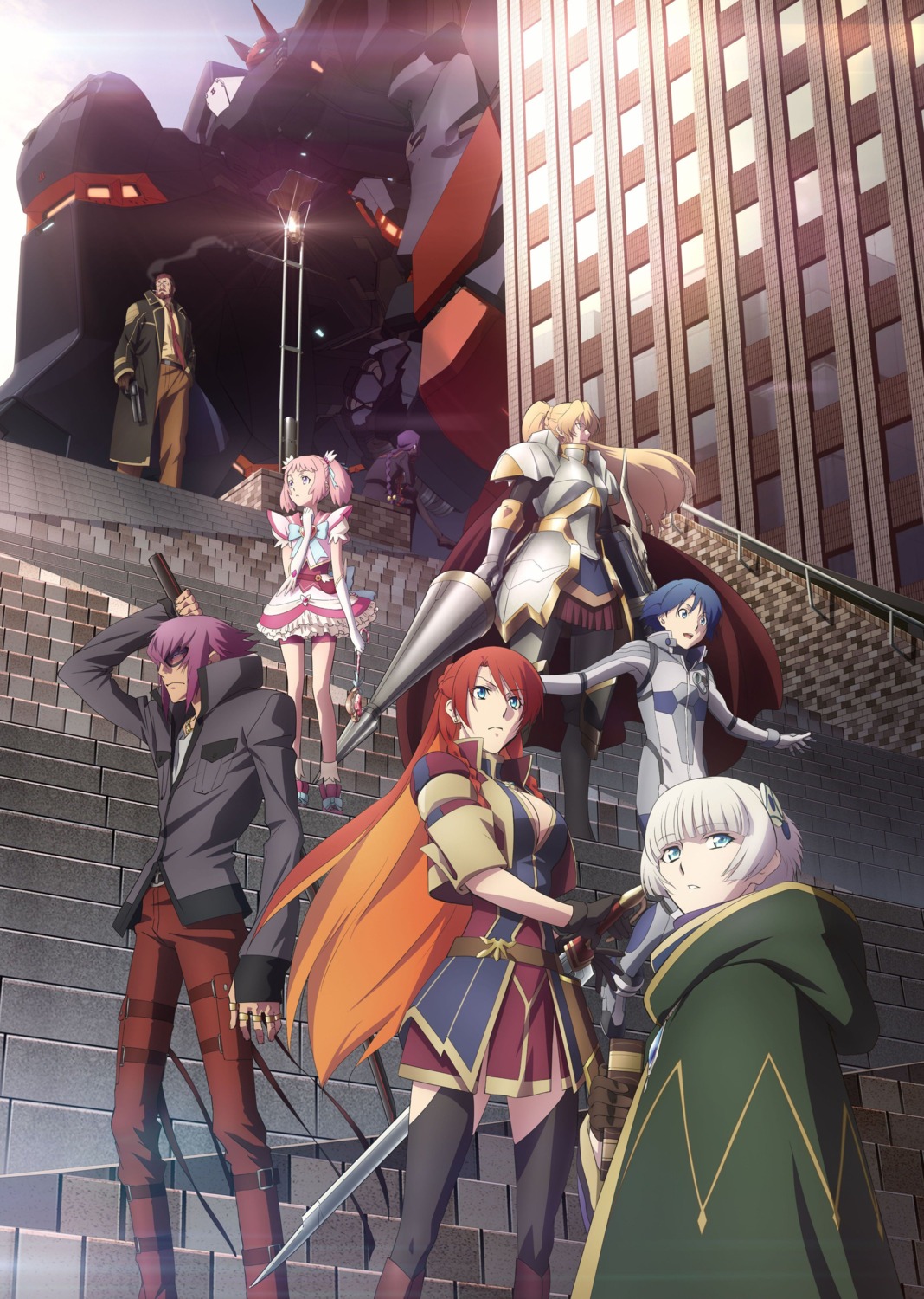alicetelia_february, armor, bike_shorts, blitz_tokar, chikujouin_magane, cleavage, dress, gun, kanoya_rui, kirameki_mamika, mecha, megane, meteora_osterreich, mirokuji_yuuya, pantyhose, re:creators, selestia_yupitiria, stockings, sword, tagme, thighhighs, uniform, weapon
