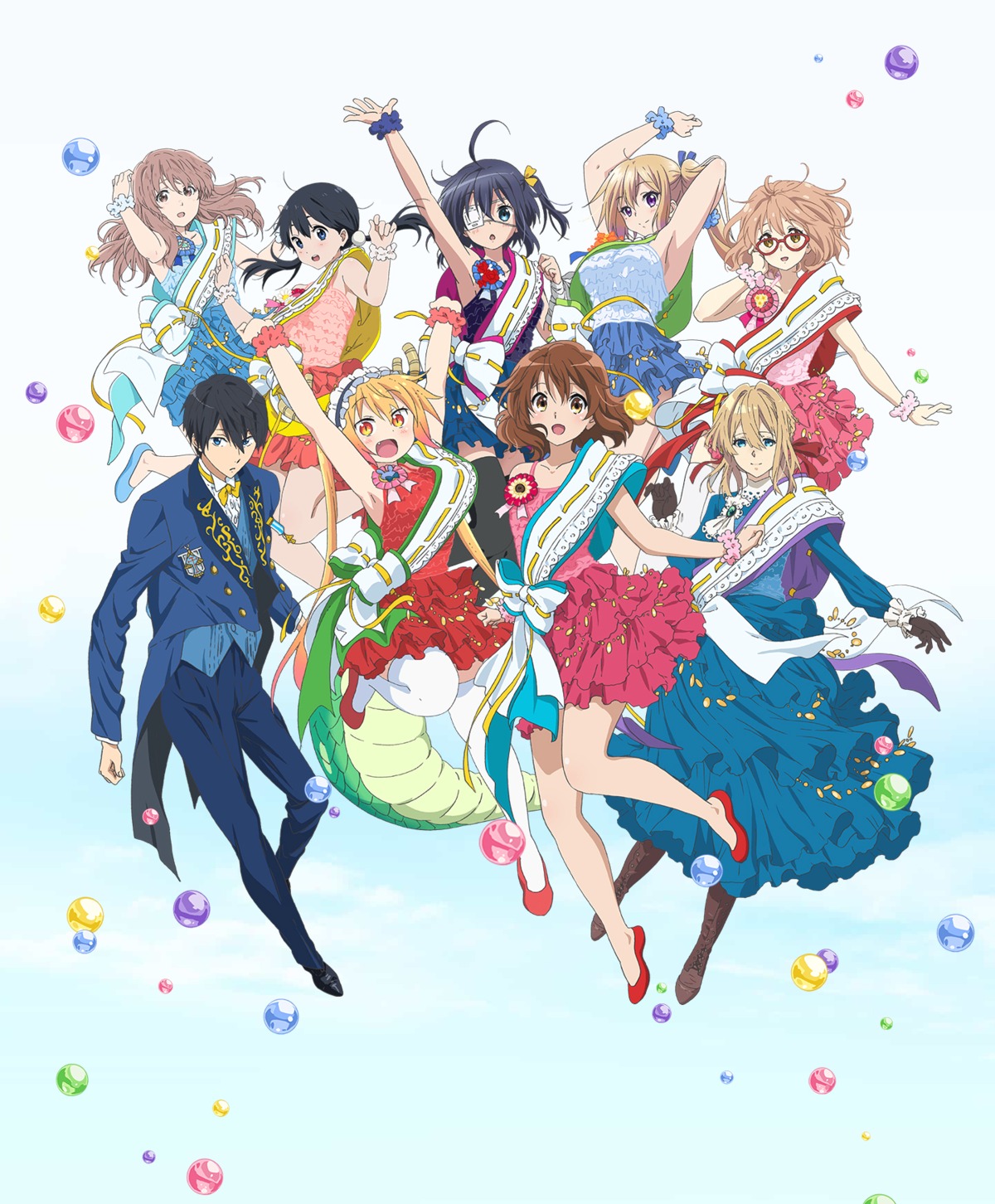 chuunibyou_demo_koi_ga_shitai!, crossover, dress, eyepatch, free!, hibike!_euphonium, horns, kawakami_mai, kitashirakawa_tamako, kobayashi-san_chi_no_maidragon, koe_no_katachi, kuriyama_mirai, kyoukai_no_kanata, megane, musaigen_no_phantom_world, nanase_haruka, nishimiya_shouko, oumae_kumiko, tail, takanashi_rikka, tamako_market, thighhighs, tooru_(maidragon), violet_evergarden, violet_evergarden_(character)