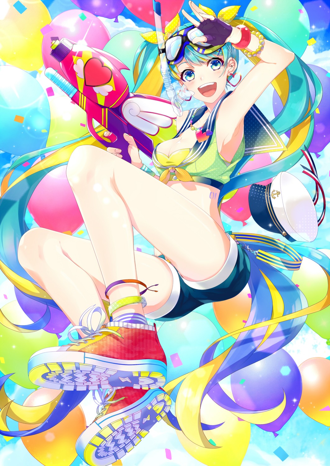 bikini_top, cleavage, gari, gun, hatsune_miku, swimsuits, tattoo, vocaloid