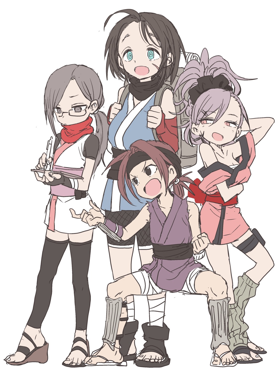 azami_(kunoichi_tsubaki_no_mune_no_uchi), bandages, bike_shorts, heels, japanese_clothes, kunoichi_tsubaki_no_mune_no_uchi, megane, open_shirt, sarashi, sumire_(kunoichi_tsubaki_no_mune_no_uchi), thighhighs, yamamoto_souichirou