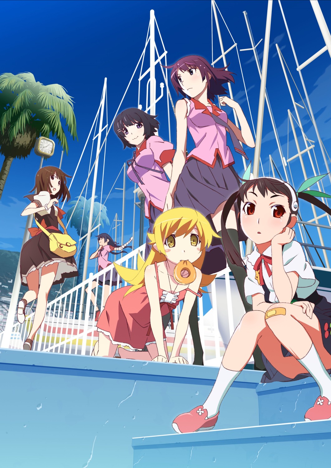 bakemonogatari, bandages, bandaid, hachikuji_mayoi, hanekawa_tsubasa, kanbaru_suruga, monogatari_(series), oshino_shinobu