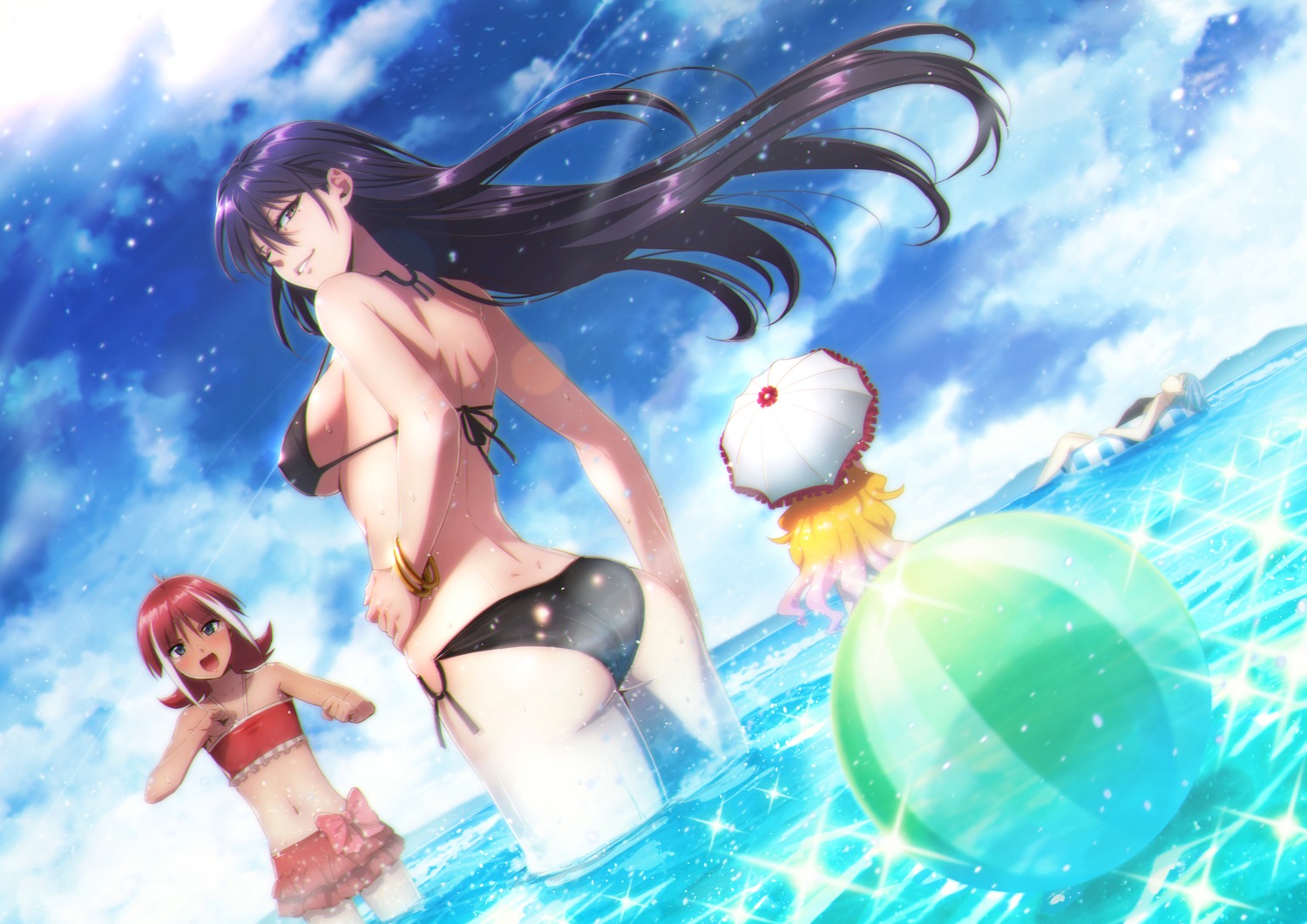 ass, bikini, puma_(hyuma1219), swimsuits, umbrella, underboob, wet