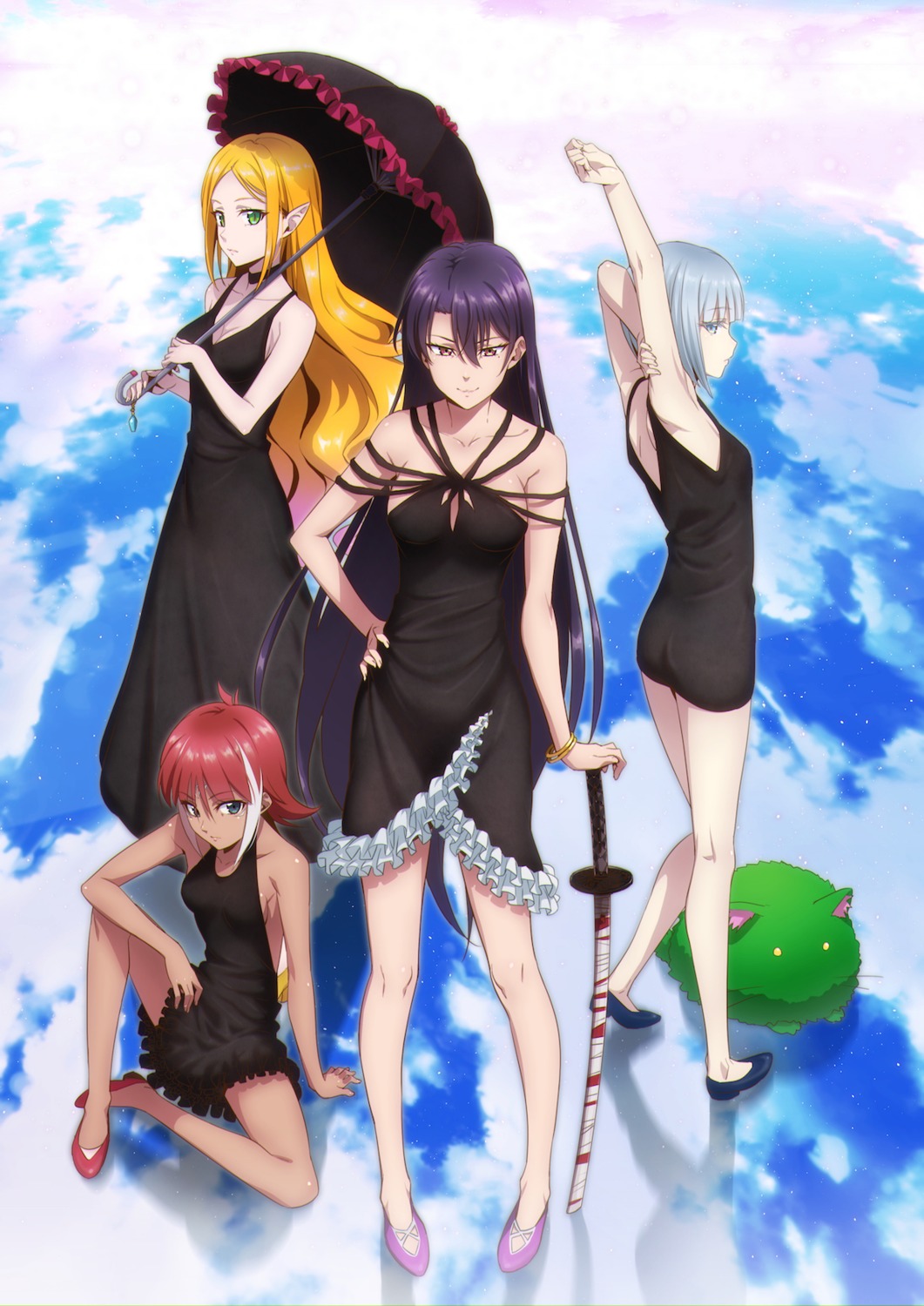 cleavage, dress, heels, pointy_ears, puma_(hyuma1219), sword, umbrella